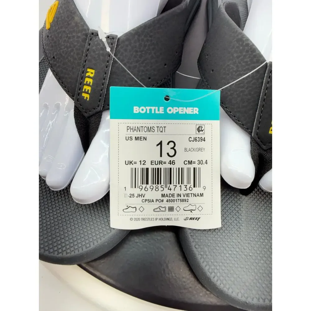 Reef Phantoms TQT Mens Sz 13‎ Flip Flop Black Grey Slip On Sandals Bottle Opener